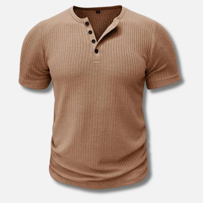 Comfortable men's muscle fit Henley t-shirt. Ribbed texture, short sleeves & buttoned placket for casual style.