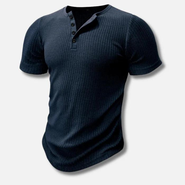 Short-sleeve men's muscle fit Henley t-shirt with a stylish ribbed texture & button placket for a modern look.