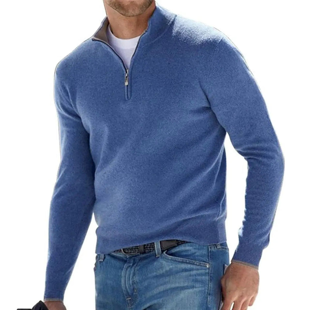 Close-up of a men's ribbed knit quarter-zip sweater, perfect for comfortable fall & winter smart casual wear.