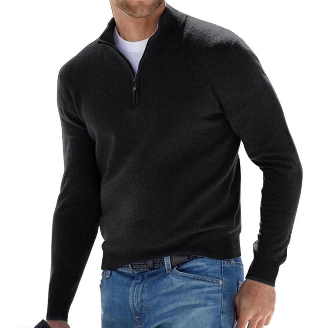 Versatile men's ribbed quarter-zip pullover, ideal as a smart casual layering top for diverse fall outfits.