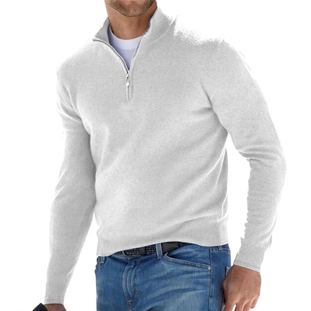 Comfortable men's ribbed quarter-zip jumper. A warm knit pullover for stylish winter and fall fashion.