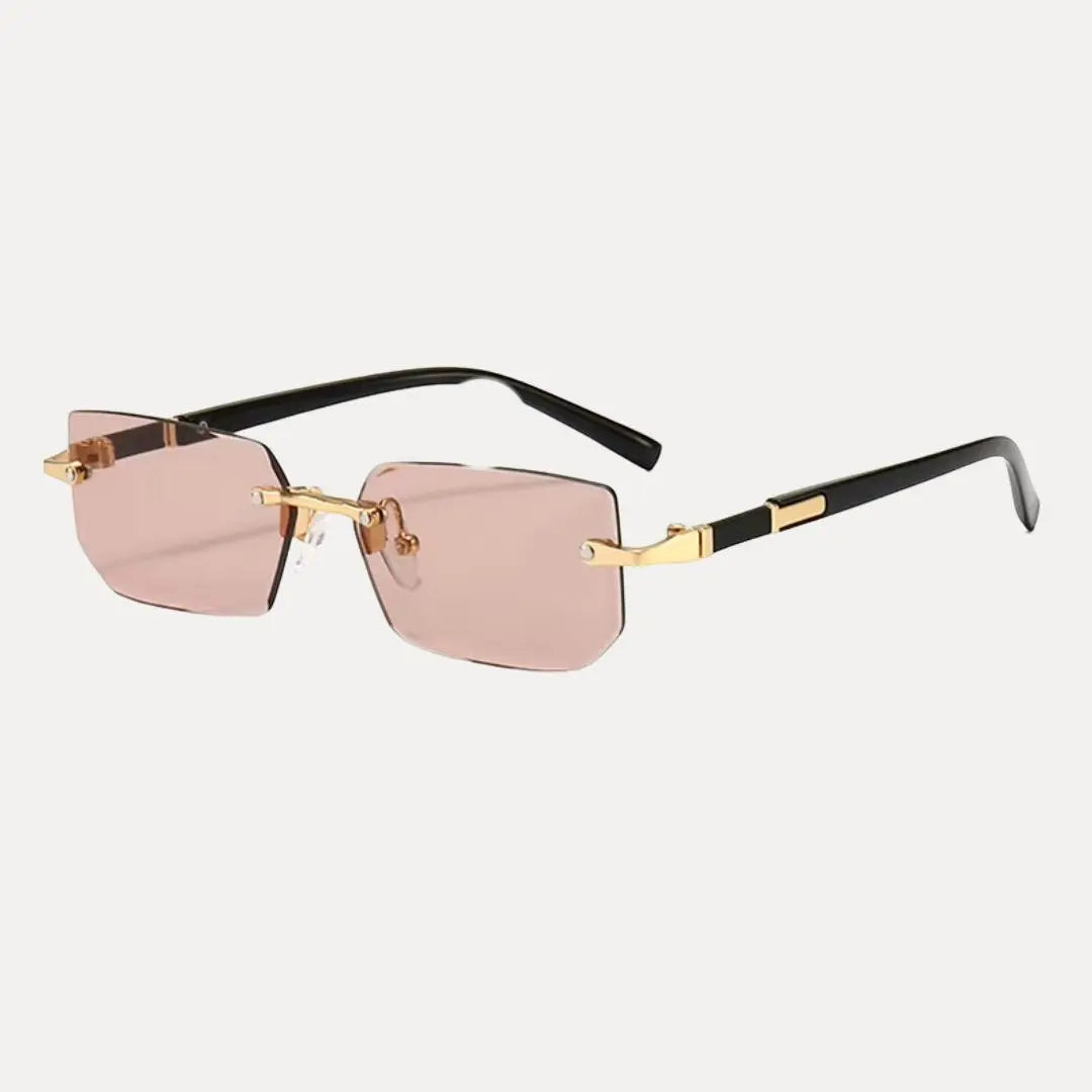 Gold metal frame men's rimless rectangle sunglasses. Modern, fashionable eyewear for everyday style.