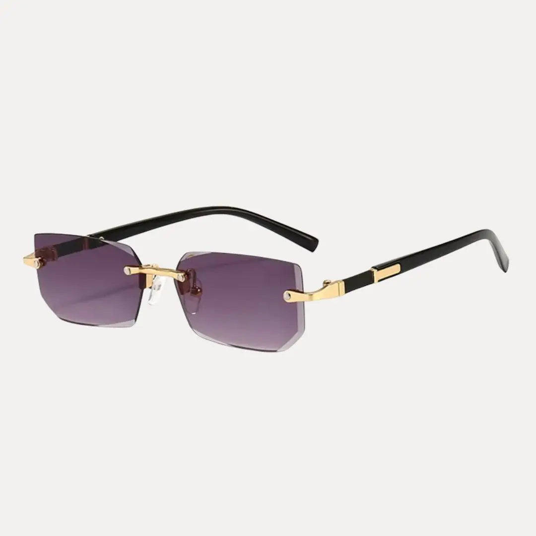Rimless rectangle men's sunglasses with a polished gold metal frame. Stylish and modern men's accessory.