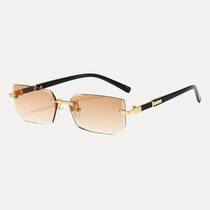 Contemporary men's rimless rectangle sunglasses. Gold frame eyewear, perfect for a versatile, stylish look.