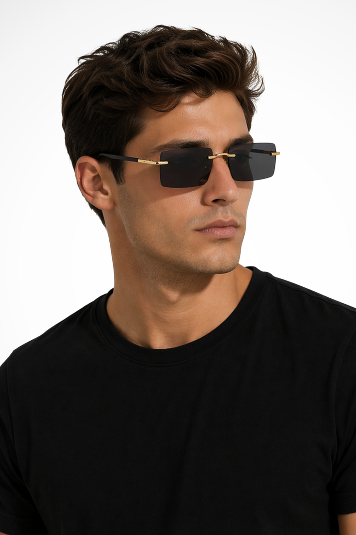Men's rimless rectangle sunglasses with gold accents, offering modern style & UV protection.