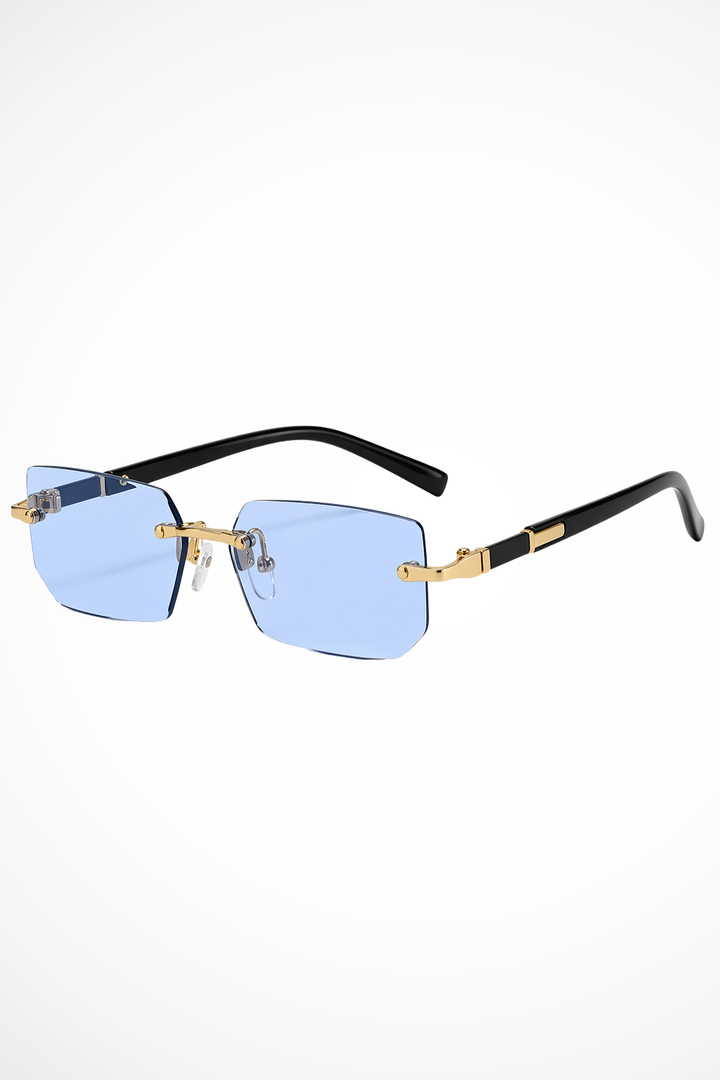 Men's versatile rimless rectangle sunglasses with chic gold accent details, providing vital UV protection.