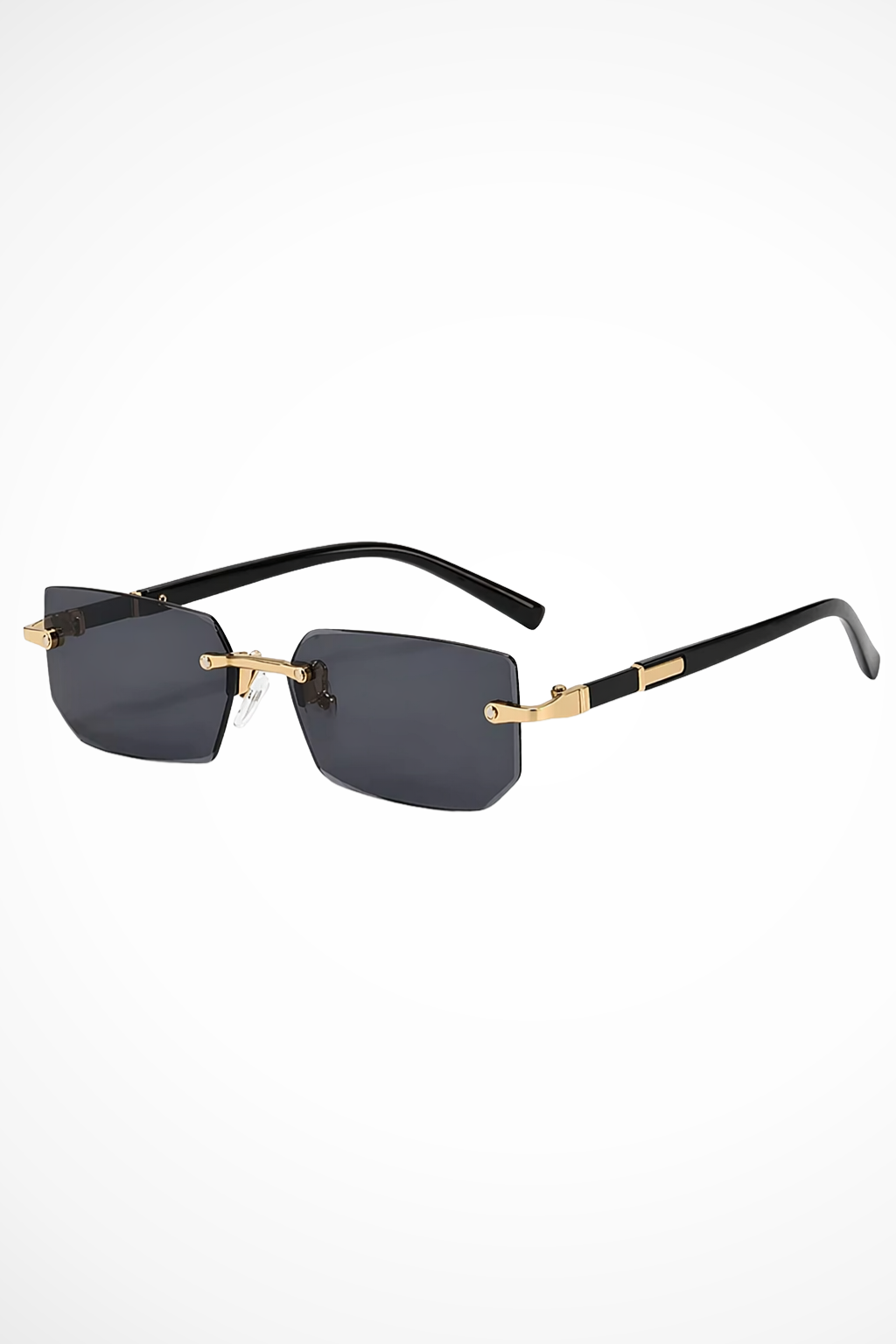 Stylish men's rimless rectangle sunglasses with gold accents, perfect for versatile fashion eyewear.