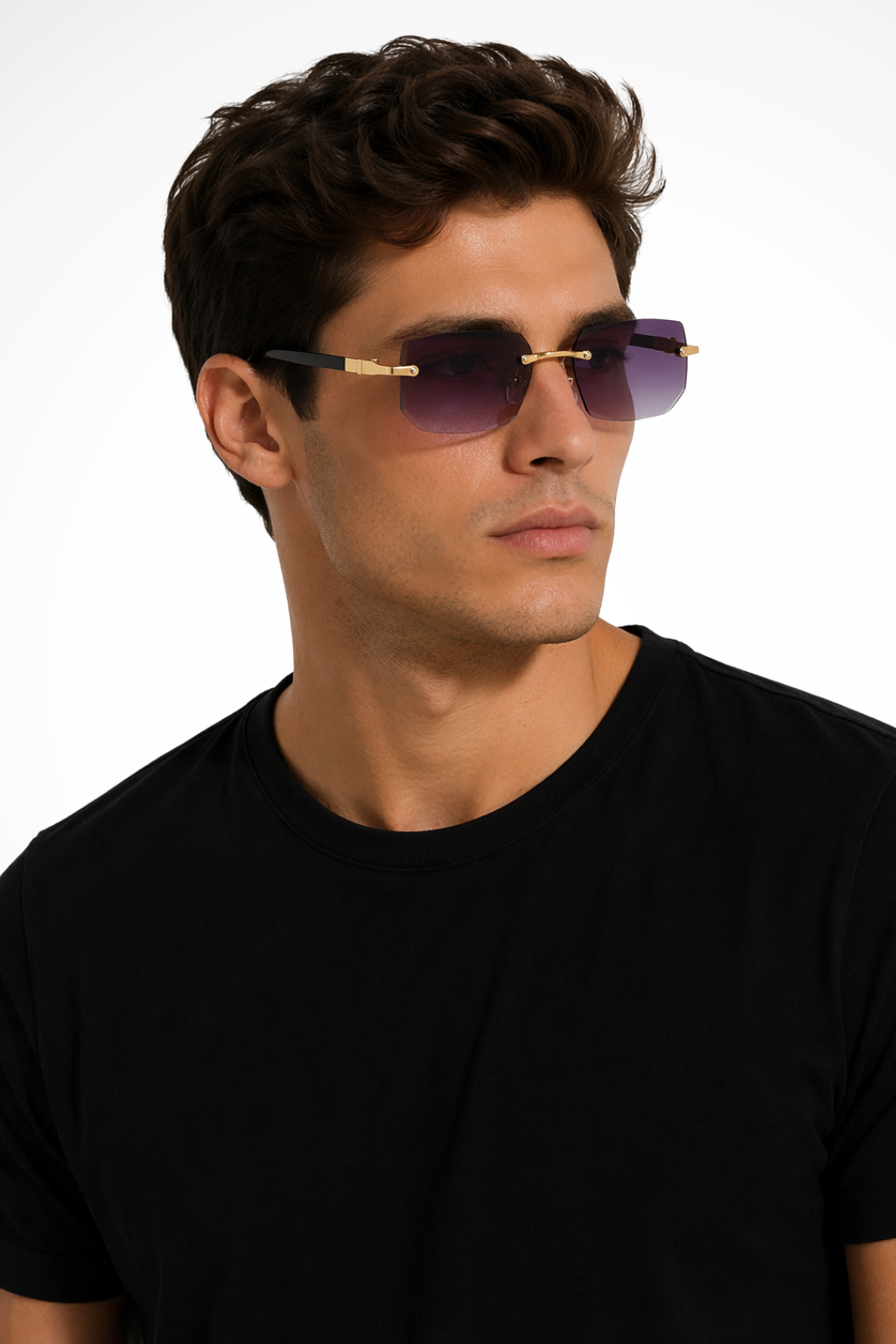 Modern men's rimless rectangle eyewear featuring sleek gold accents & essential UV protection.