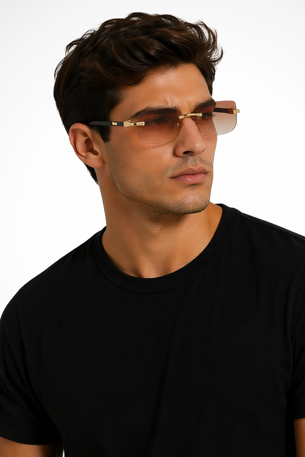Sleek men's rimless rectangle sunglasses featuring distinct gold accent temples & comprehensive UV protection.