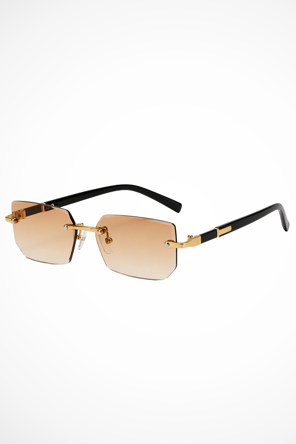 Handsome men's rimless rectangle sunglasses, gold-accented for a stylish, modern look & complete UV protection.