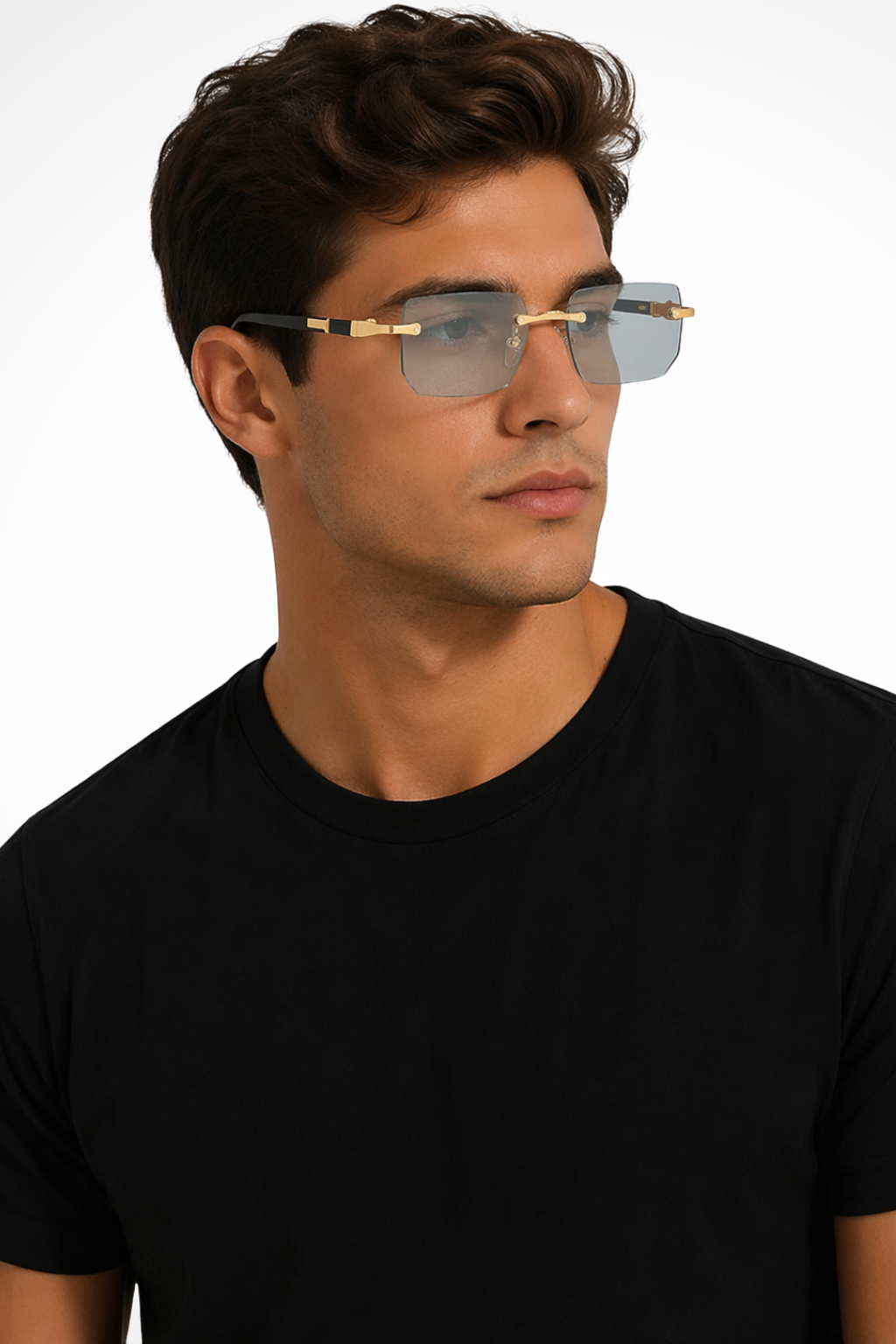 Premium rimless rectangle men's sunglasses with sophisticated gold accent details & excellent UV protection.