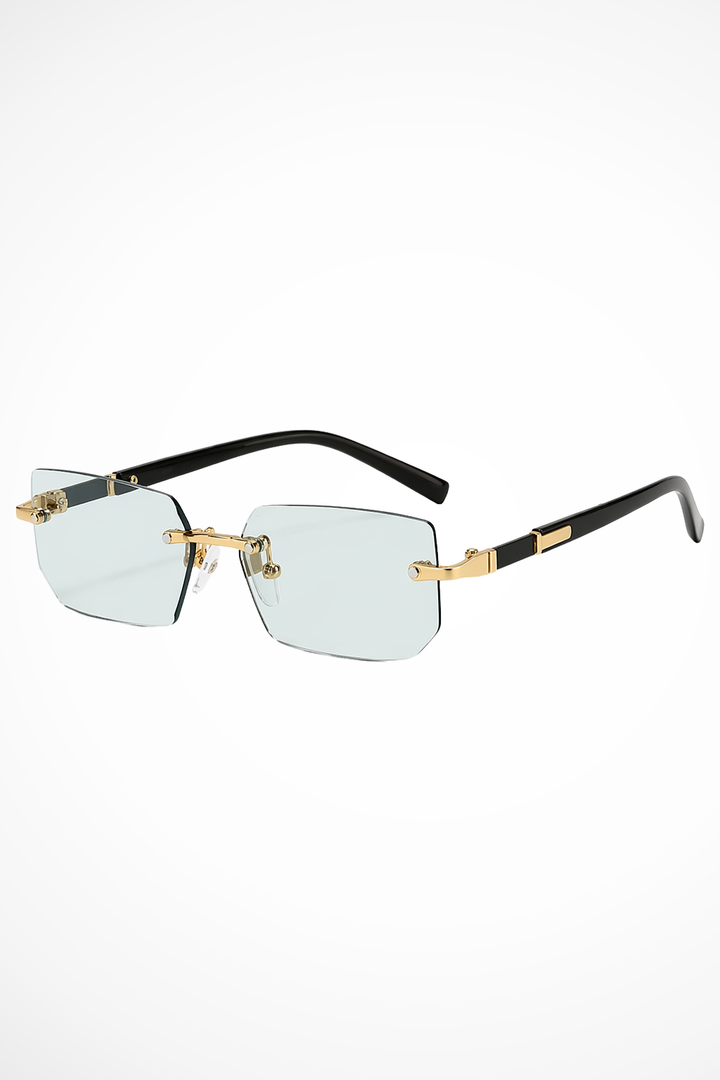 Elegant rimless rectangle sunglasses for men, showcasing a modern design with subtle gold accents.