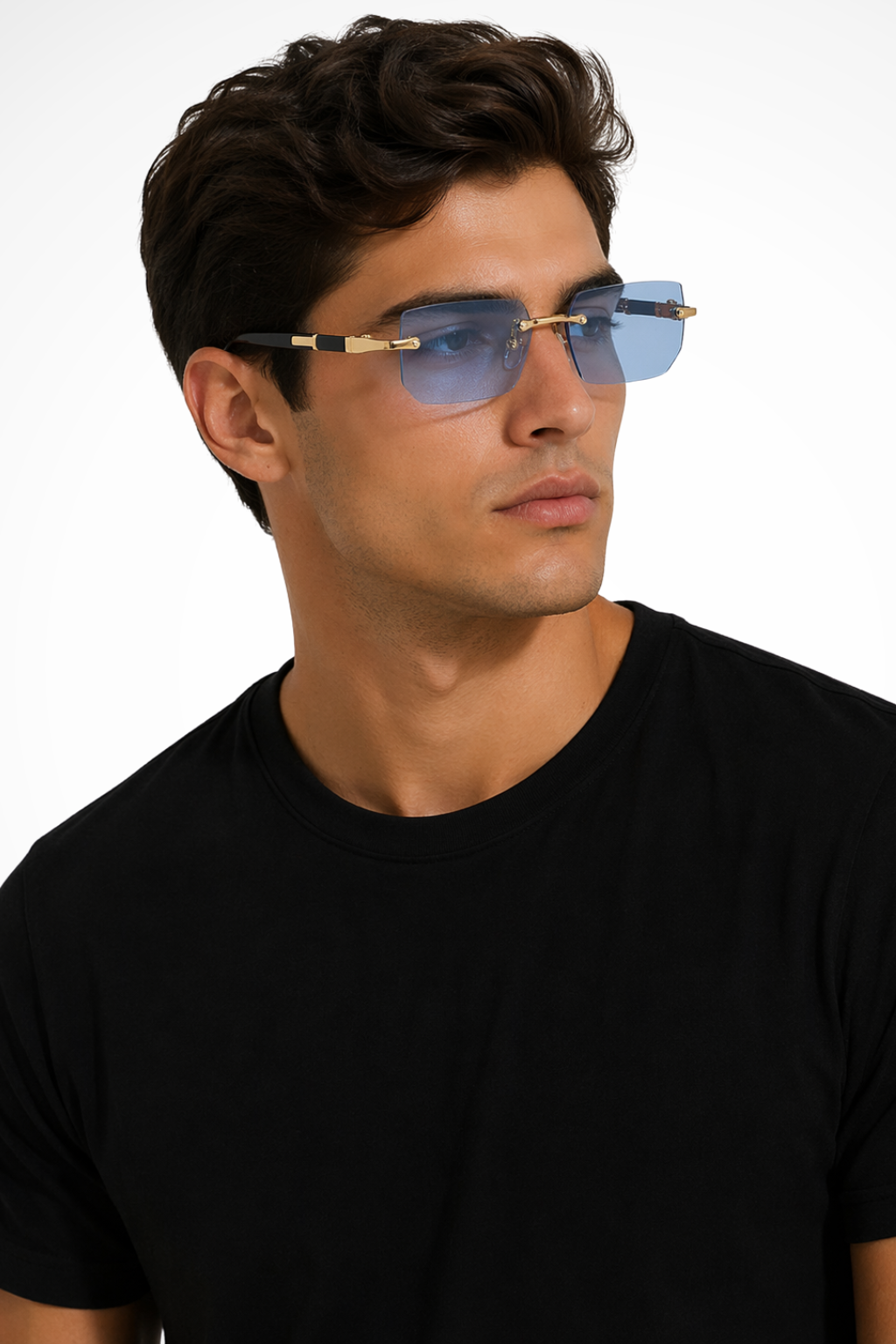 Fashion-forward men's rimless rectangle eyewear featuring striking gold accents & full UV protection.