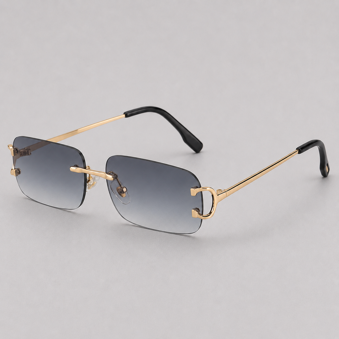 Modern men's rimless rectangle sunglasses. Lightweight metal frame, comfortable for everyday wear & vacations.