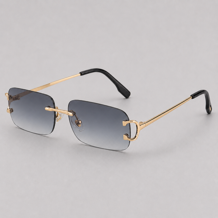Modern men's rimless rectangle sunglasses. Lightweight metal frame, comfortable for everyday wear & vacations.