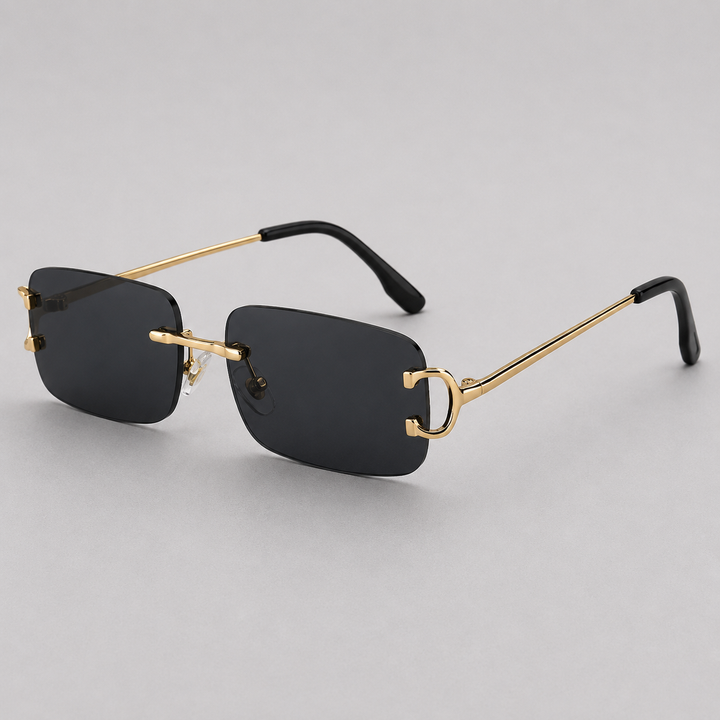 Men's rimless rectangle sunglasses with sleek metal frame & gradient lenses for bright, sunny outdoor style.