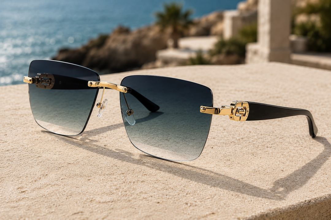 Men's rimless square summer sunglasses. Lightweight, luxury fashion eyewear providing essential UV protection.