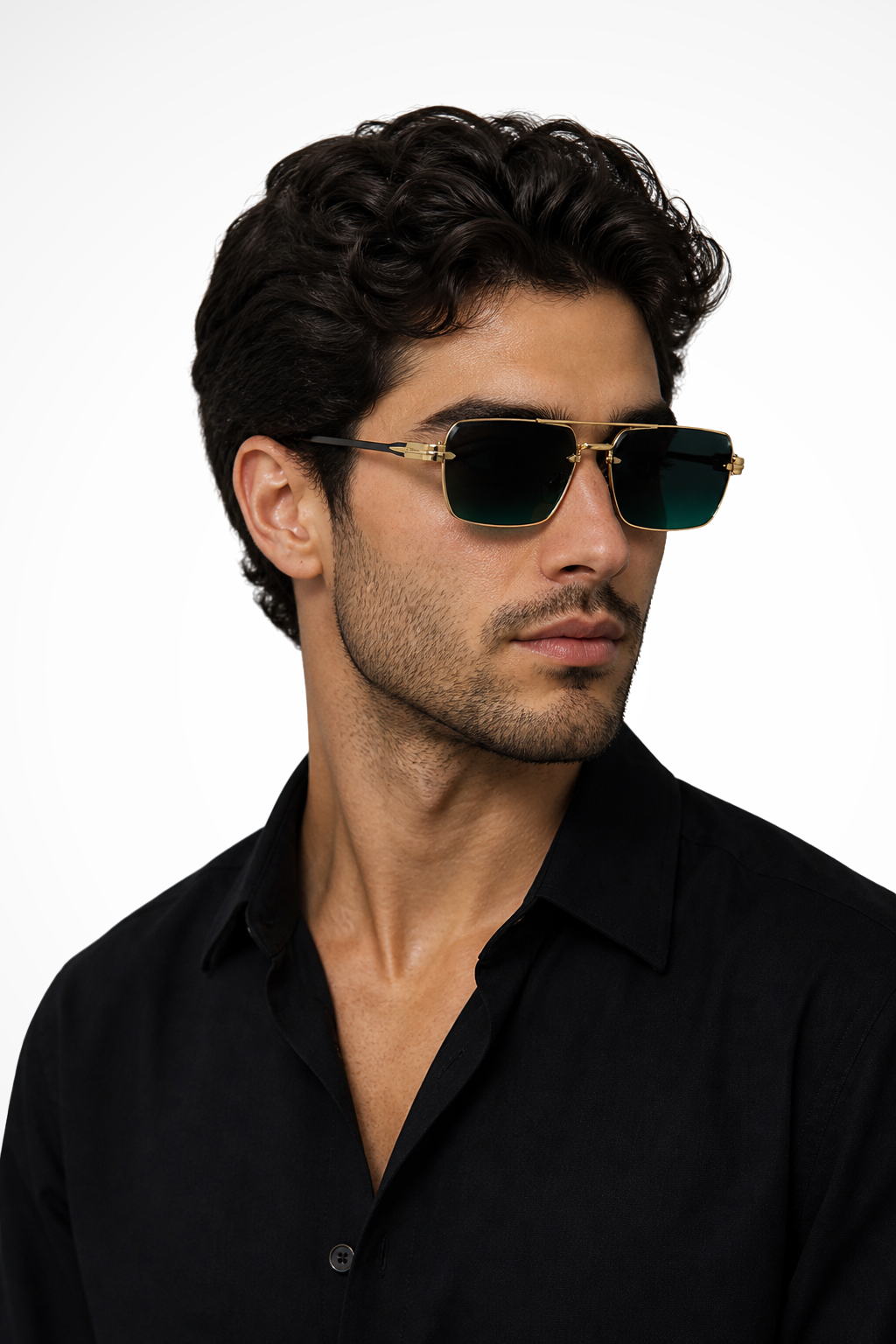 Men's rimless sunglasses with elegant gold bridge and modern gradient tinted lenses. Stylish and versatile eyewear.