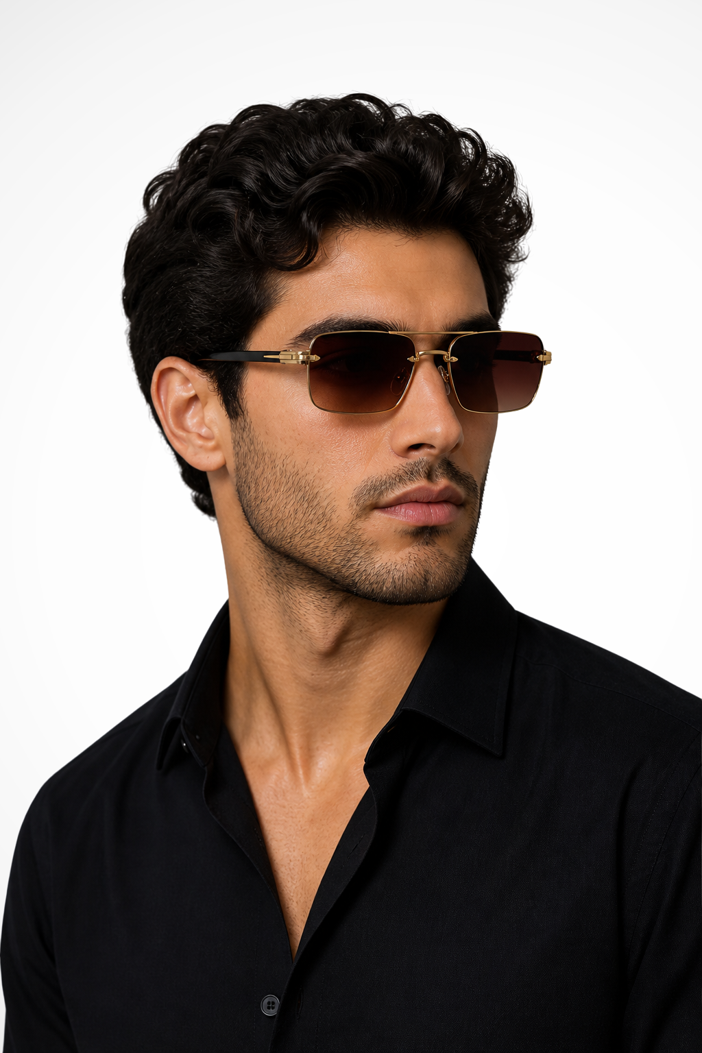 Stylish men's rimless eyewear featuring a sleek gold bridge and cool gradient tinted lenses. Modern accessory.