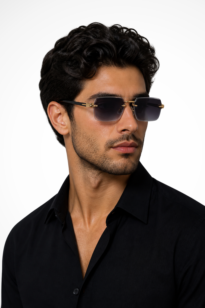 Elegant men's rimless sunglasses. Features a polished gold bridge and sophisticated gradient tinted lenses.