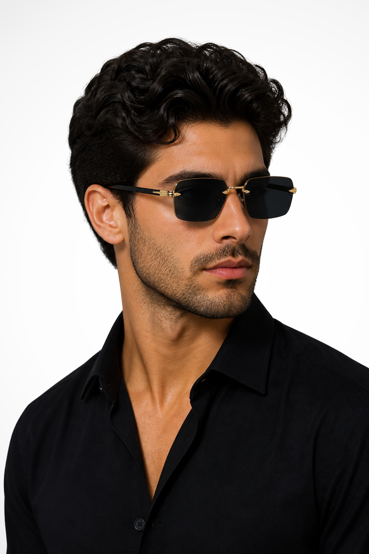 Modern men's rimless sunglasses with a chic gold bridge and fashionable gradient tinted lenses for a sharp look.