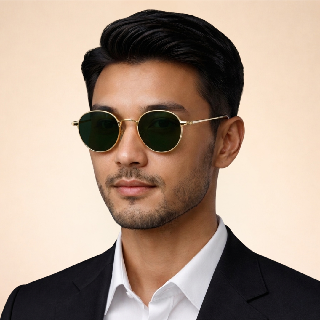 Men's classic round polarized sunglasses, vintage metal frame, anti-glare fashion eyewear accessory.