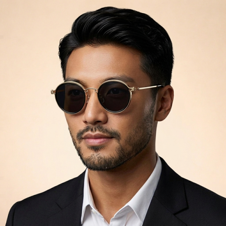 Elegant men's round polarized sunglasses, vintage metal frame, essential anti-glare eyewear for men.