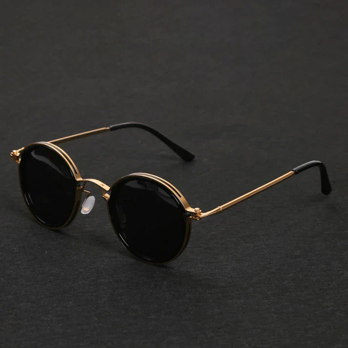 Detailed vintage metal frame on men's round polarized sunglasses. Quality anti-glare eyewear.