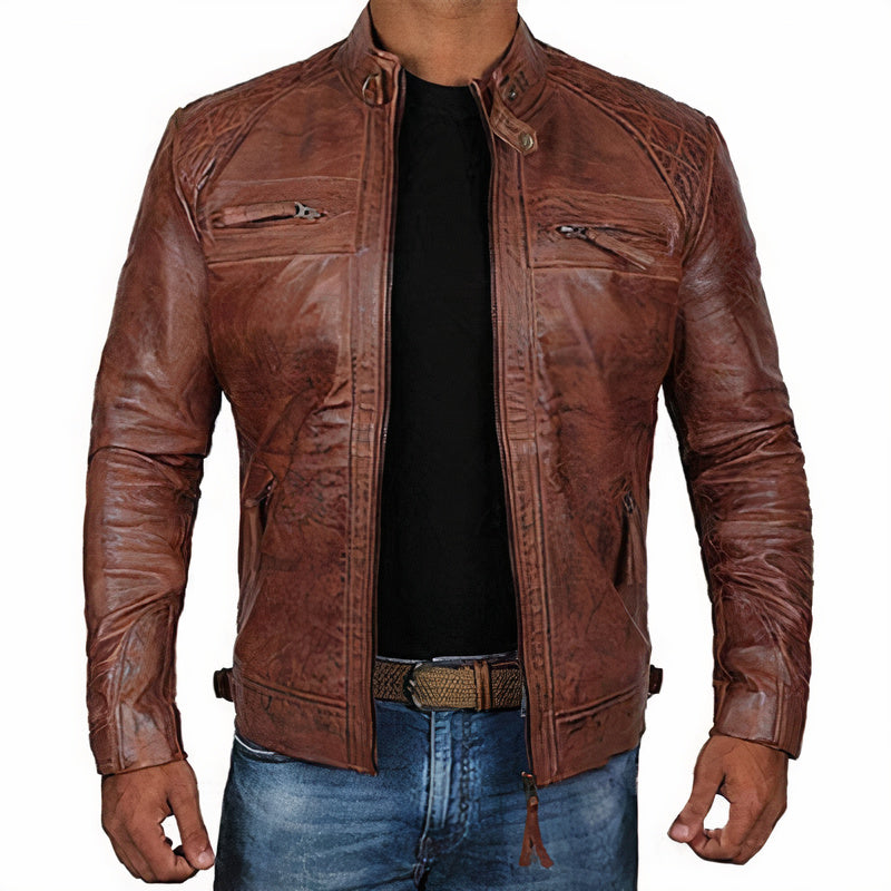 Men's rugged black motorcycle jacket with zippers, perfect for bikers and urban adventurers. Stylish outerwear.