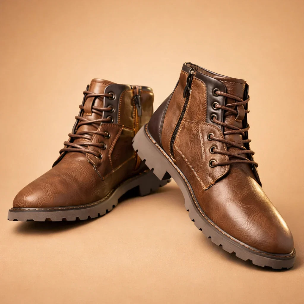 Men's rugged brown dress boots with side zip & lace-up. Durable & comfortable for everyday casual or formal style.