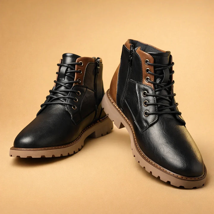 Black men's rugged ankle boots, side zip and lace-up, perfect for smart casual or formal everyday style.