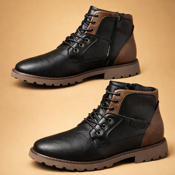 Durable men's rugged black ankle boots with side zip for easy wear. Comfortable for all-season formal or casual style.