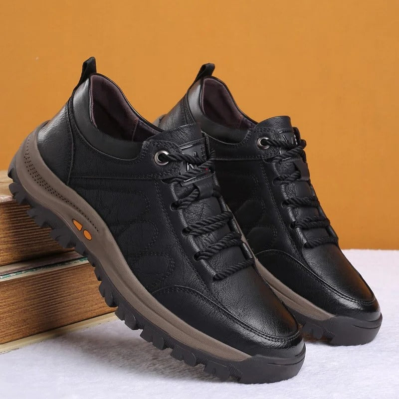 Brown men's durable low top lace-up shoes, offering rugged style and comfort for casual daily wear.
