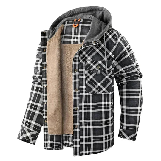 Men's rugged plaid hooded shirt jacket. Ideal for casual wear, outdoor adventures, & layered autumn styles.