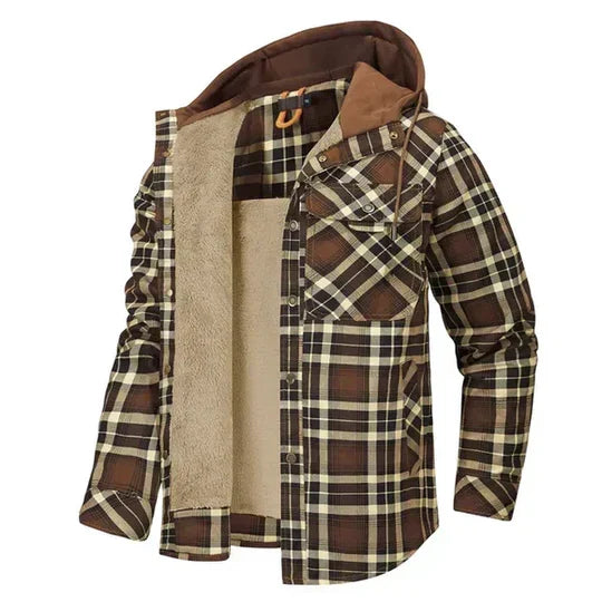 Stylish men's plaid jacket with hood. Perfect for layered casual outfits, autumn fashion, & winter warmth.