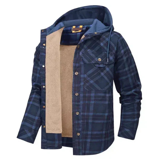 Regular fit men's plaid hooded shirt jacket. Durable casual wear for a rugged look, great for outdoor jackets.
