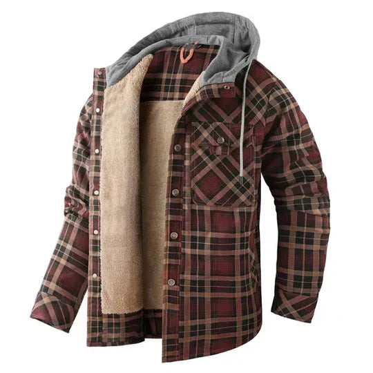 Versatile men's hooded plaid jacket. Ideal for casual, outdoor, or layered autumn & winter outfits.