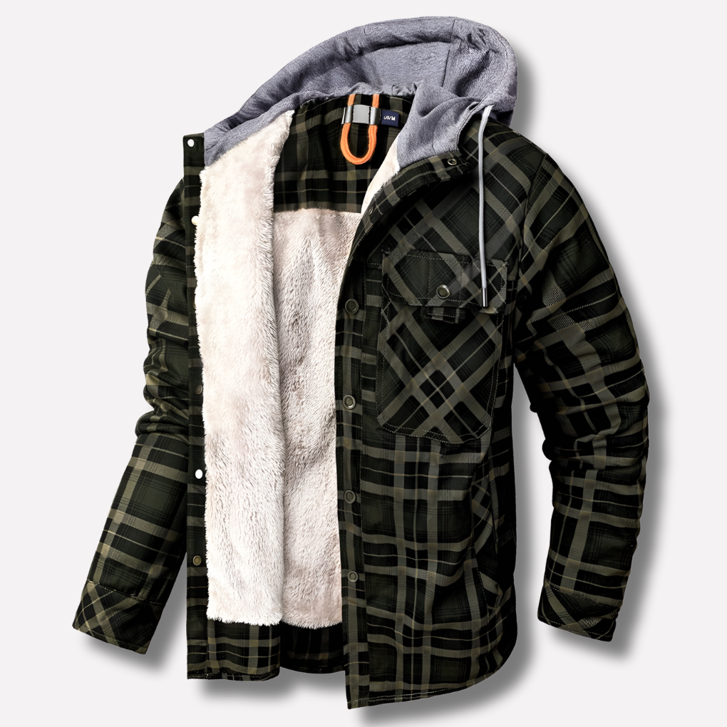 Man in a rugged plaid hooded shirt jacket, perfect for casual outdoor activities & autumn fashion.