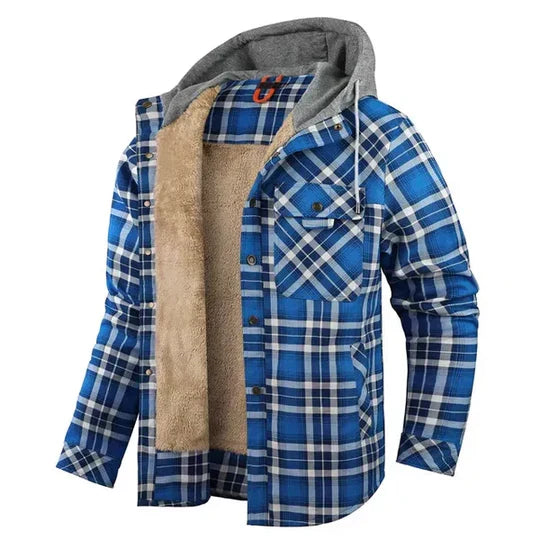 Close-up of a men's plaid hooded shirt jacket, showcasing rugged style & durable fabric for winter outfits.