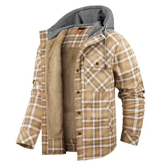 Front view: Men's plaid hooded shirt jacket. Regular fit casual wear, ideal for layered autumn & winter styles.
