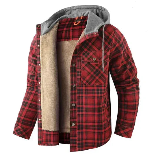 Back view: Men's rugged plaid hooded shirt jacket. Great for outdoor layering, autumn fashion, & winter outfits.