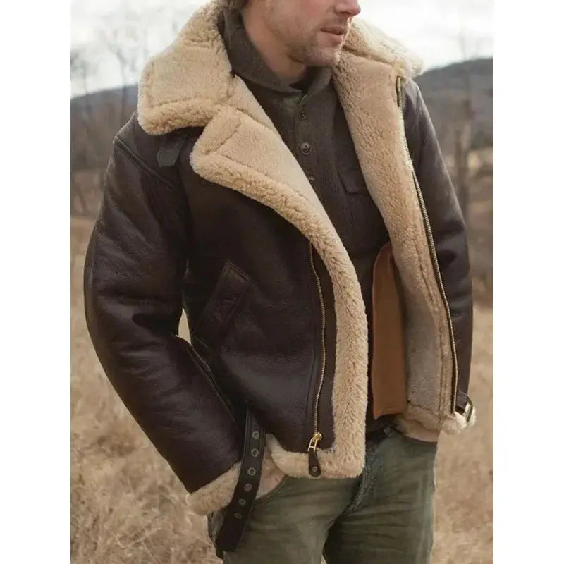 Men's rugged shearling aviator pilot jacket, brown leather, classic winter style, warm outerwear.