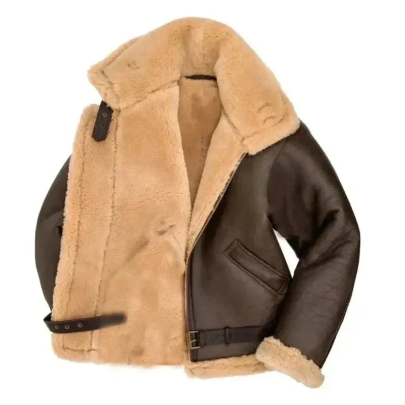 Warm men's shearling pilot jacket, genuine leather, cozy winter fashion, rugged casual outerwear.