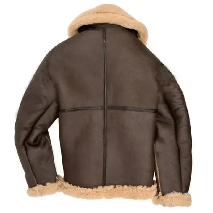 Classic men's aviator jacket with shearling collar & lining, durable leather for rugged winter fashion.