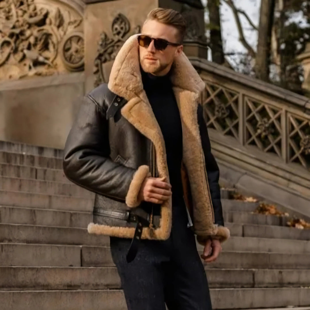 Stylish men's rugged pilot jacket, brown shearling interior, warm & comfortable for winter fashion.