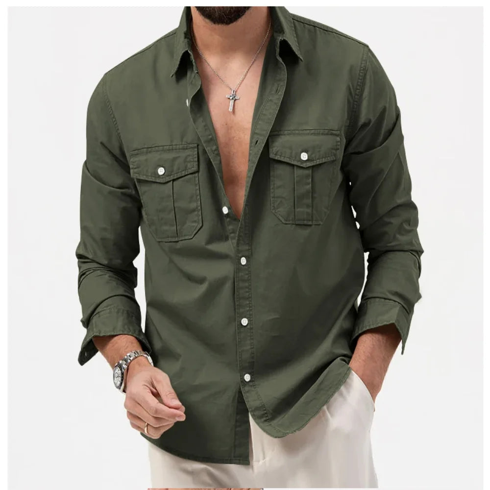 Men's rugged tactical button-up shirt. Quick-dry, outdoor comfort for hiking & adventure.