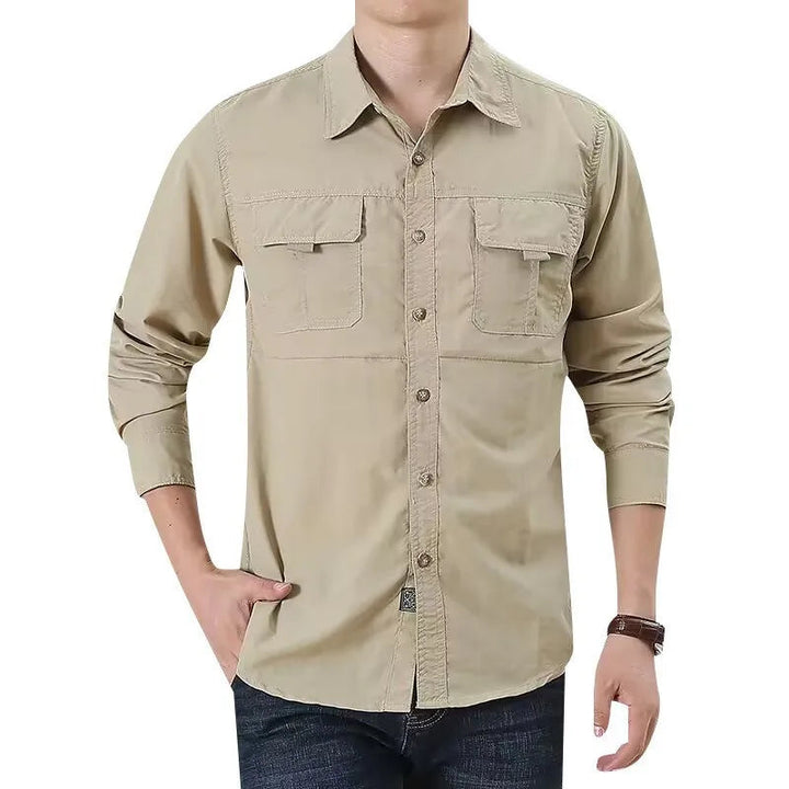Men's light jacket style tactical shirt. Quick-dry, button-up comfort for outdoor and casual wear.