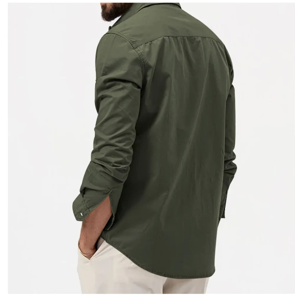 Men's rugged tactical button-up shirt. Waterproof, quick-dry activewear for outdoor utility.