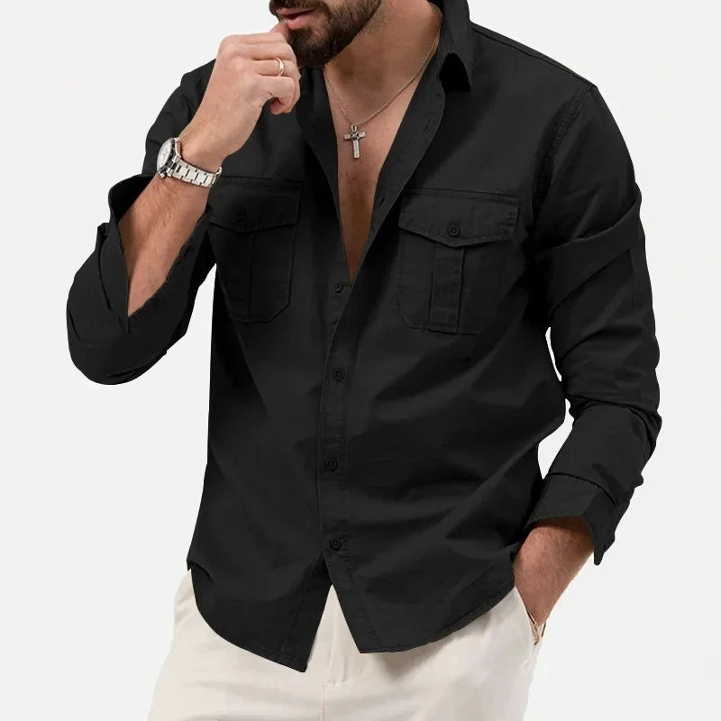 Rugged men's tactical shirt in tan. Quick-dry, versatile button-up for outdoor adventure.