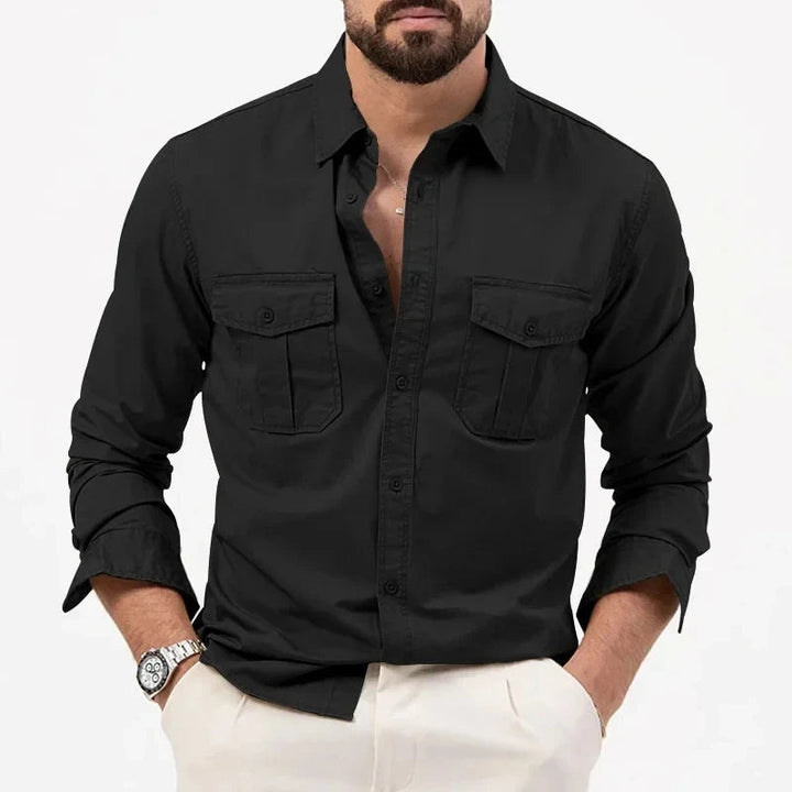 Men's outdoor tactical shirt with quick-dry fabric. Button-up design for hiking, camping & travel comfort.